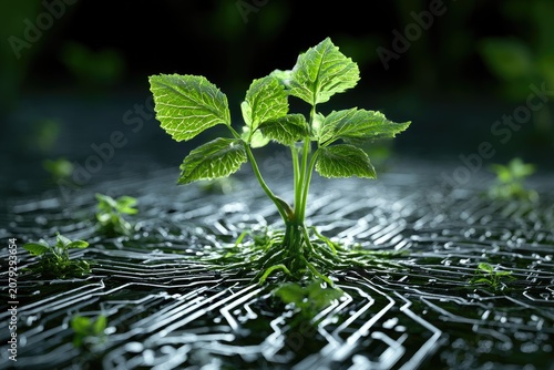 Green Plant Growing Out of a Circuit Board Symbolizing Technology and Nature Fusion.