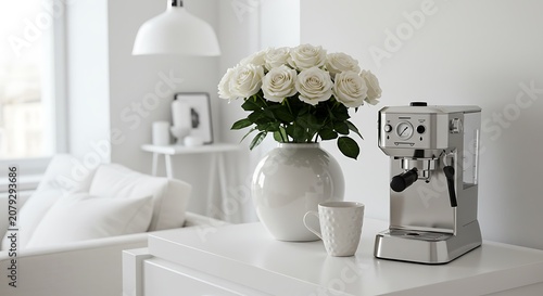Elegant white roses, coffee machine and mug on a white table in a bright room