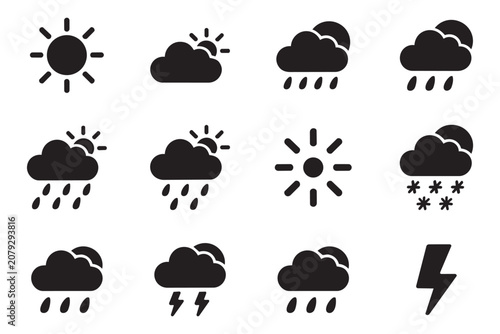 Set of black weather conditions icons on transparent background. Meteorology symbols for sunny rainy snowy and stormy days for mobile app interfaces.