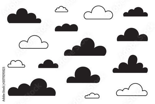 Black solid and linear cloud icon collection on transparent background. Minimalist sky shapes for meteorology apps and simple children illustration art.