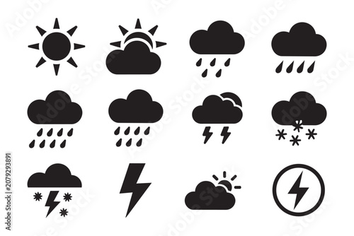 Meteorology vector icons set with sunshine rainy clouds snow and thunder bolt. Black flat graphics for climate forecasting and environmental data displays.