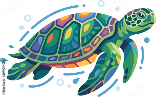 Vibrant sea turtle swimming in colorful ocean waters freely