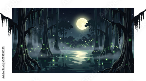 Mysterious swamp landscape at night with glowing fireflies and a full moon.
