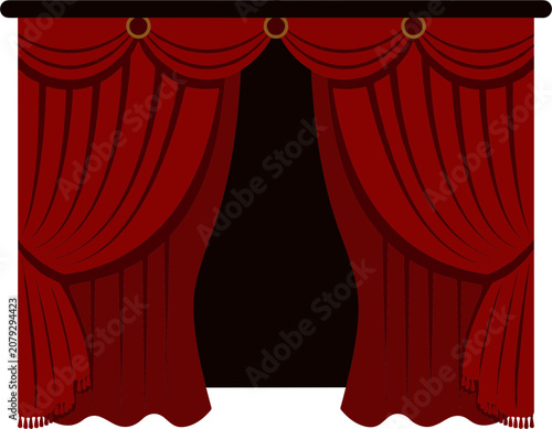 Theatrical red stage curtains with golden accents open wide