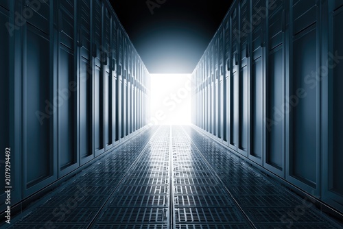 Illuminated Corridor with Server Racks and Bright Light at the End.