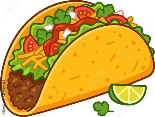 Taco with ground beef toppings and lime wedge vector icon