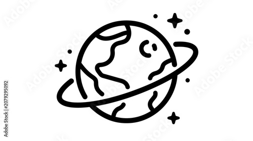 Hand-drawn cartoon planet with ring and stars, space illustration on isolated white background.