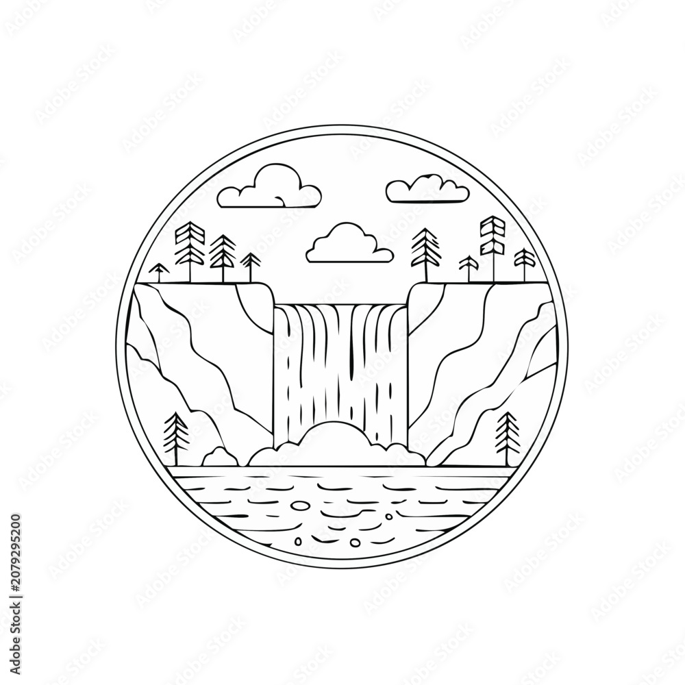 Fototapeta premium Linear art illustration of a cascading waterfall into a calm lake surrounded by trees and clouds