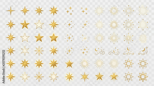 Set of various golden sparkling stars and decorative elements on an isolated white background.