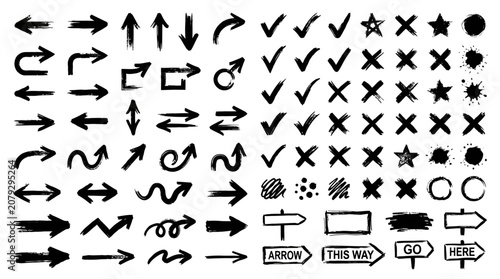 Hand-drawn doodle arrows, checkmarks, crosses, circles, and directional signs collection on isolated white background.