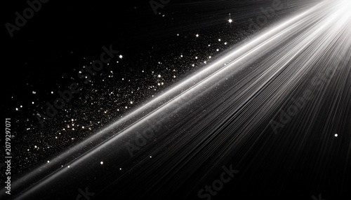 Abstract Diagonal Light Sharp Diagonal Glare And Glowing Particles Isolated On Pitch Grey And Black Background