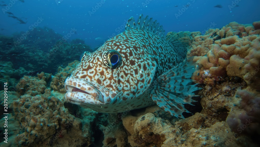 Obraz premium Spotted fish swimming near coral reef underwater