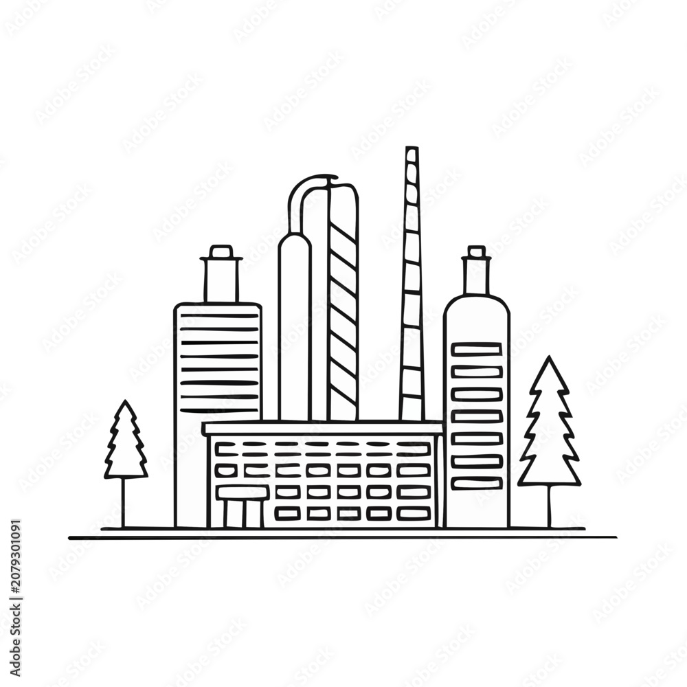 Obraz premium Industrial factory complex with smokestack and storage tanks in a clean line art style