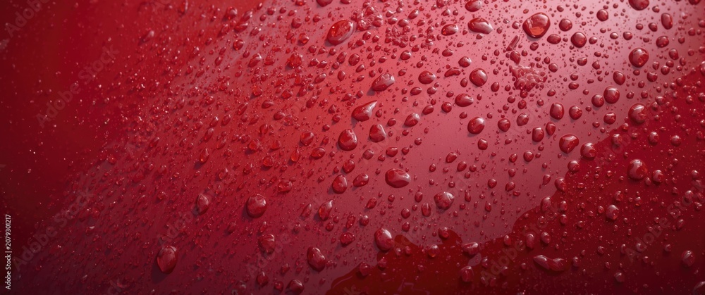 Fototapeta premium Rainfall causing water beads on reflective red car surface showcasing advanced hydrophobic layer
