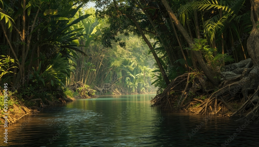 Fototapeta premium Winding river in a verdant tropical forest with abundant riverbank trees