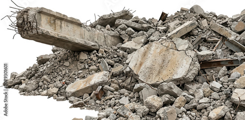 A pile of broken concrete rubble and exposed rebar representing destruction and demolition debris construction material waste urban transparent background