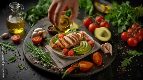 This artfully composed image presents a healthy and appetizing dish featuring a perfectly grilled chicken breast, beautifully sliced and served alongside vibrant cherry tomatoes and creamy avocado