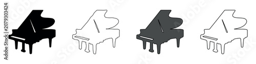 Collection of four grand piano icons in silhouette and outline styles