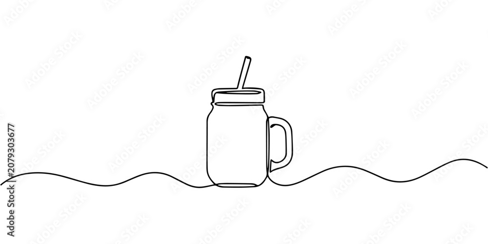 Obraz premium mason jar continuous one line drawing, A refreshing drink illustration, depicted in a single, unbroken line, isolated on, showcasing a mason jar with a straw