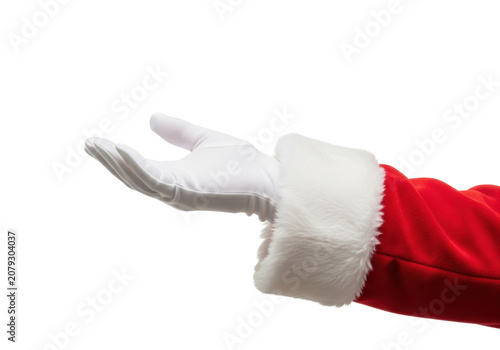 close-up of santa claus's plump hand wearing a transparent cotton glove and vibrant red faux-fur cuff, presenting palm up against a transparent studio background with copy space. concept for