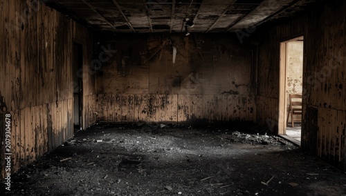 Burned interior of an abandoned room with dark walls and debris