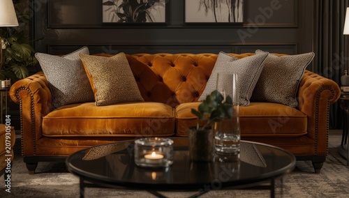 Ocher velvet sofa with comfortable pillows and an accessorized coffee table in living space