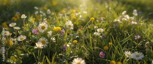 Field of wildflowers blooming in green grass