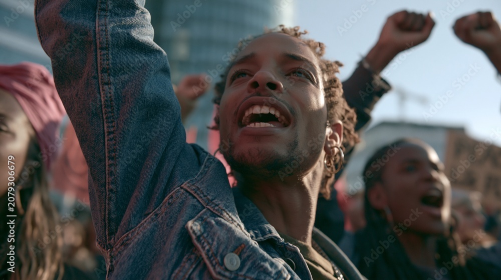 Obraz premium An emotional moment featuring activists from different backgrounds passionately advocating for peace, set against a city backdrop.