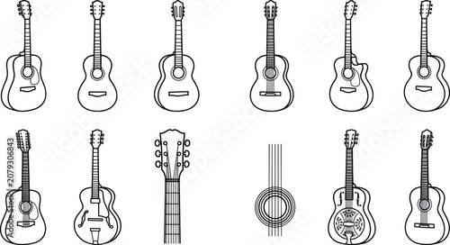 Tablou pe pânză Acoustic Guitar Line Art Vector Icon Set Featuring Classical Folk and Resonator
