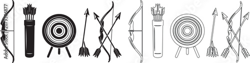 Photos Archery equipment vector set, professional bow and arrow icons, target bullseye