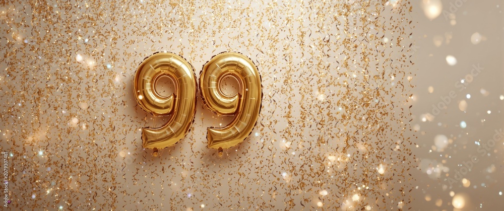Fototapeta premium Gold balloons displaying the number 99 with confetti background