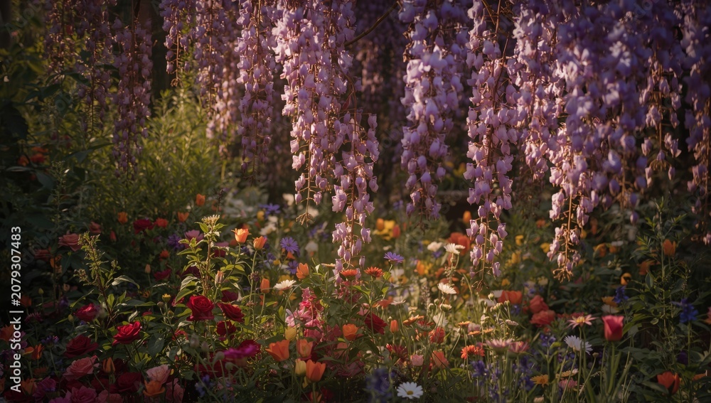 Obraz premium Scenic wisteria blooms flowing through a garden bursting with colorful flowers
