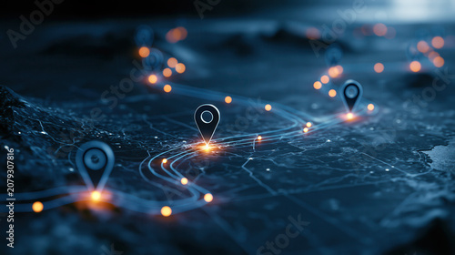 Glowing digital map with a delivery route line and pin markers, logistics and transport concept