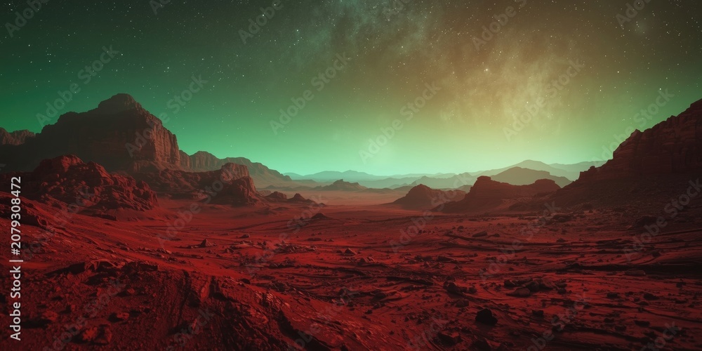 Obraz premium Red barren alien terrain with mountains and shining stars on a surreal green sky