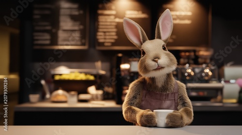 A rabbit working as a cheerful barista behind a cozy café counter, serving freshly brewed coffee amid warm ambient light, rising steam, and a welcoming atmosphere filled.