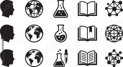 Tableau sur toile A set of black and white vector icons depicting human heads globes science flask