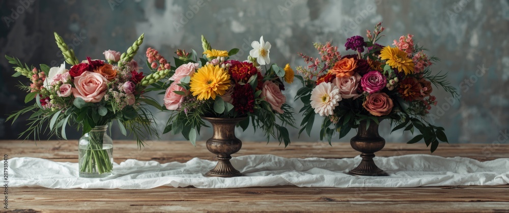 Fototapeta premium Rustic wooden table with vibrant boho flower bouquets in antique glass vases and white cloth with soft focus background