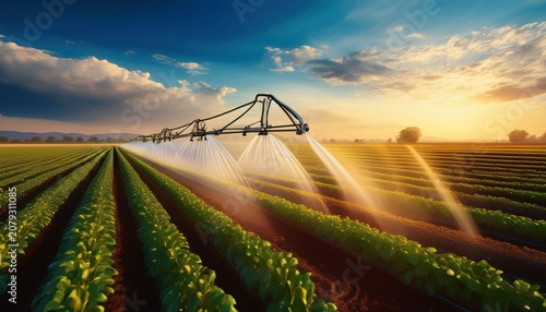 modern watering system on farming using sprinklers