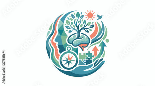 A stylized illustration of a human face with a tree growing out of it surrounded by symbols of nature and guidance
