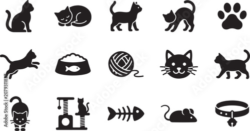 Collection of black cat vector graphic icons featuring various poses and feline accessories for modern minimalist digital design project layouts