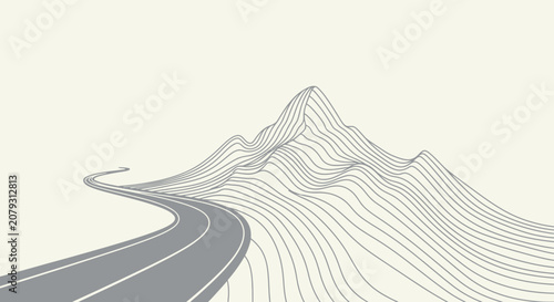 Abstract illustration of a winding road leading towards a stylized wireframe mountain landscape.