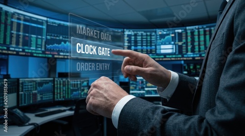 Professional trader interacting with digital market data interface clock gate order entry screen, for financial success, strategic investment, global economic growth