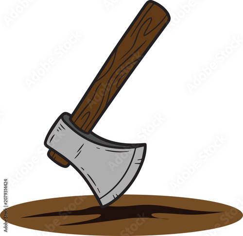 Axe stuck in wooden chopping block.