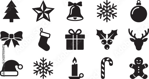 A set of black and white christmas icons featuring festive holiday symbols created as a clean flat vector graphic illustration