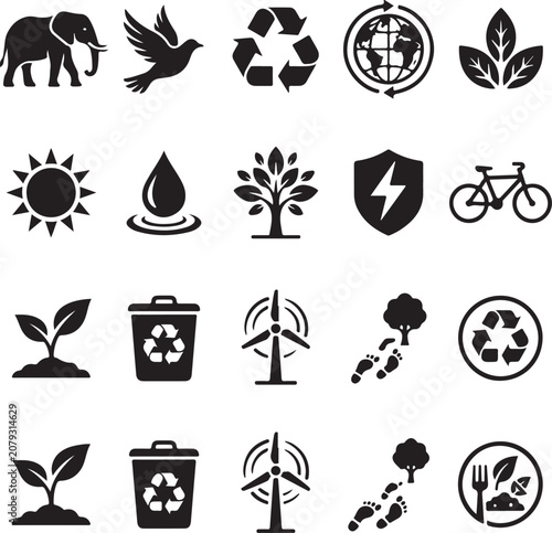 Set of black vector graphic icons representing environmental protection sustainability nature conservation green energy and global ecological awareness for design