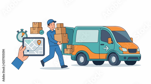 A delivery man carrying boxes to a teal and orange van