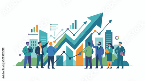 A colorful infographic illustration of seven business professionals analyzing graphs