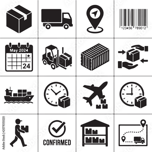 Professional vector illustration set featuring various black logistics shipping and transportation icons on a clean and simple white background