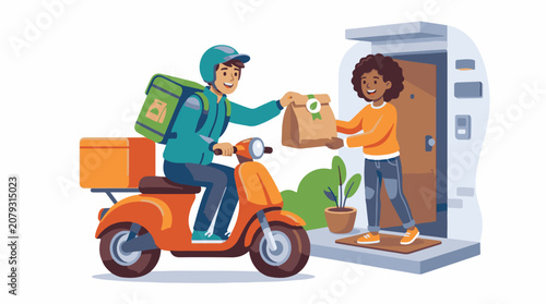 A delivery person on a scooter handing a food bag to a customer at their door