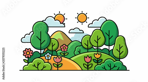 A colorful cartoon landscape with trees flowers hills and sunny skies